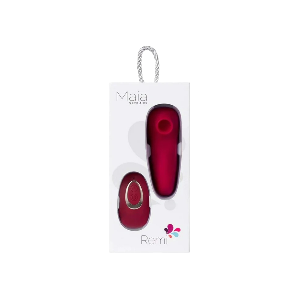MAIA REMI red suction panty vibrator with wireless remote control in retail packaging