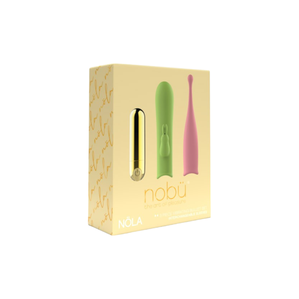 NOBÜ NOLA 3-piece vibrating bullet set with gold bullet and 3 colorful silicone sleeves