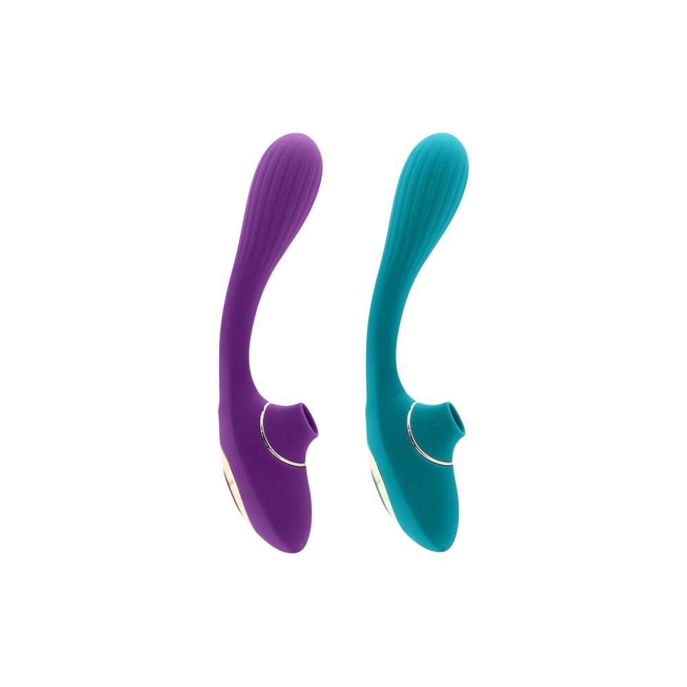 PLEASURES DUAL SUCTION Massager – G-Spot Vibrator with Clitoral Suction in Purple and Turquoise
