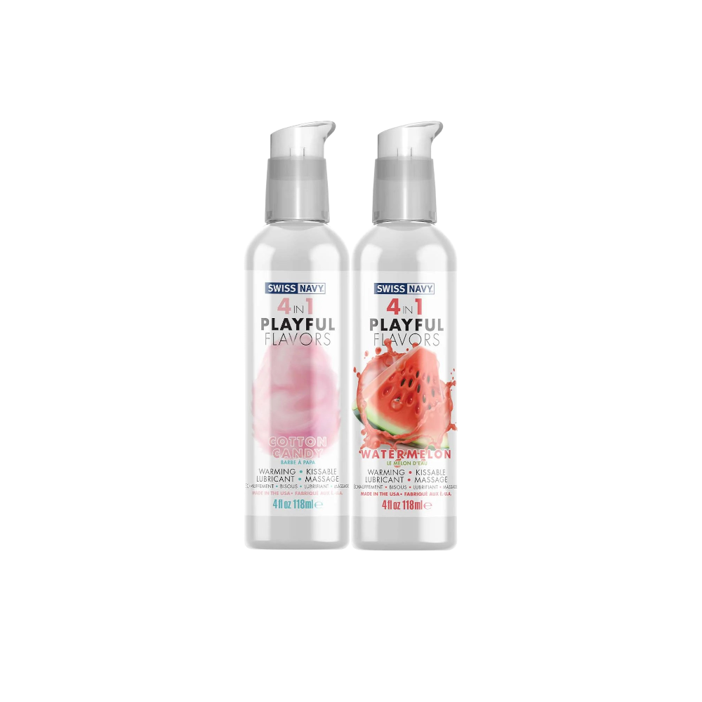 SWISS NAVY 4-in-1 Flavored Lubes in Cotton Candy and Watermelon bottles