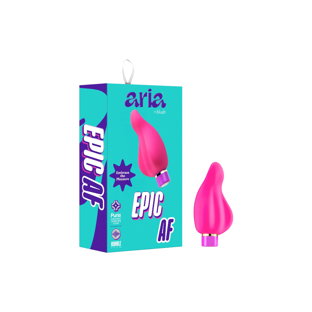 BLUSH ARIA Epic AF fuchsia mini vibrator with playful design and teal packaging