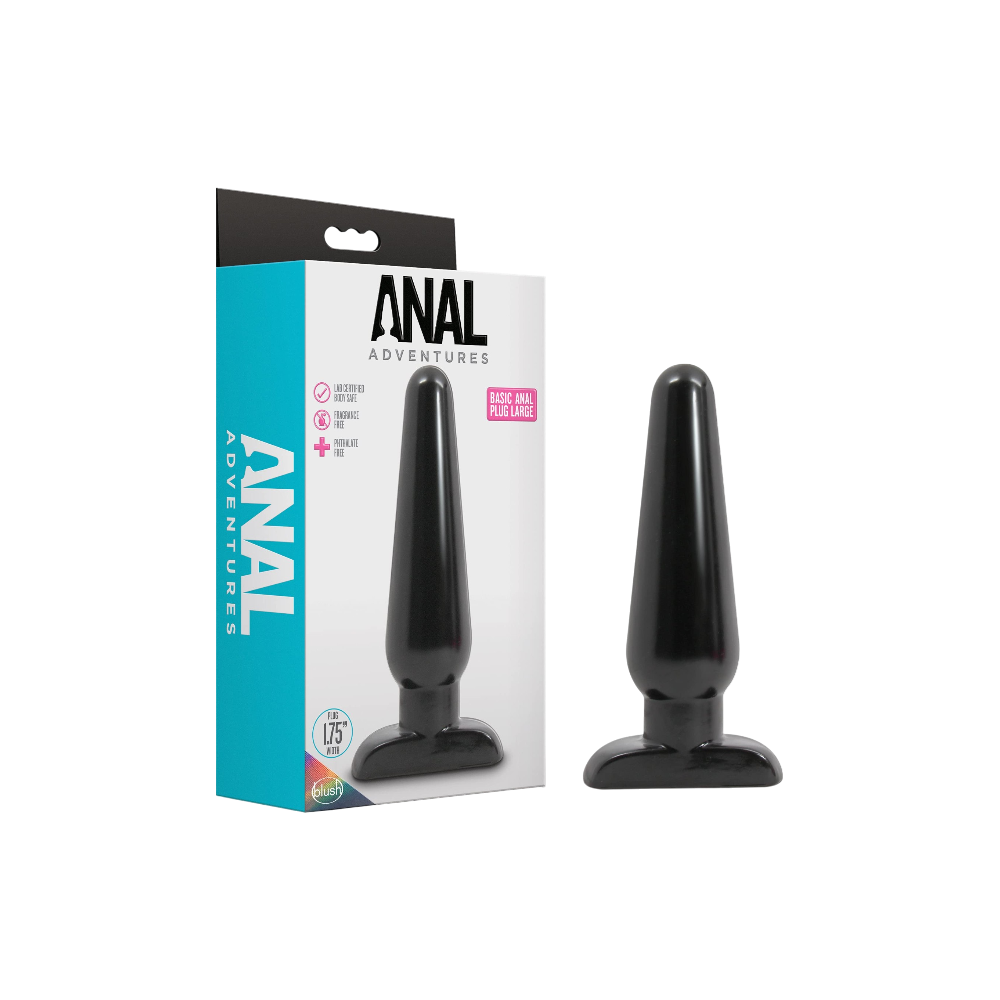 BLUSH Anal Adventures large black anal plug with product packaging