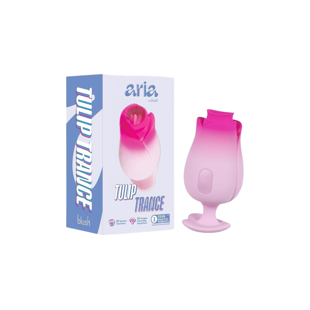 BLUSH Aria Tulip Trance pink clitoral massager with suction and tongue flicking features in tulip design