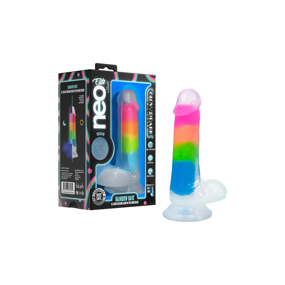 BLUSH NEO ELITE Rainbow Rave 6.5" glow-in-the-dark dildo with multicolor silicone and suction base