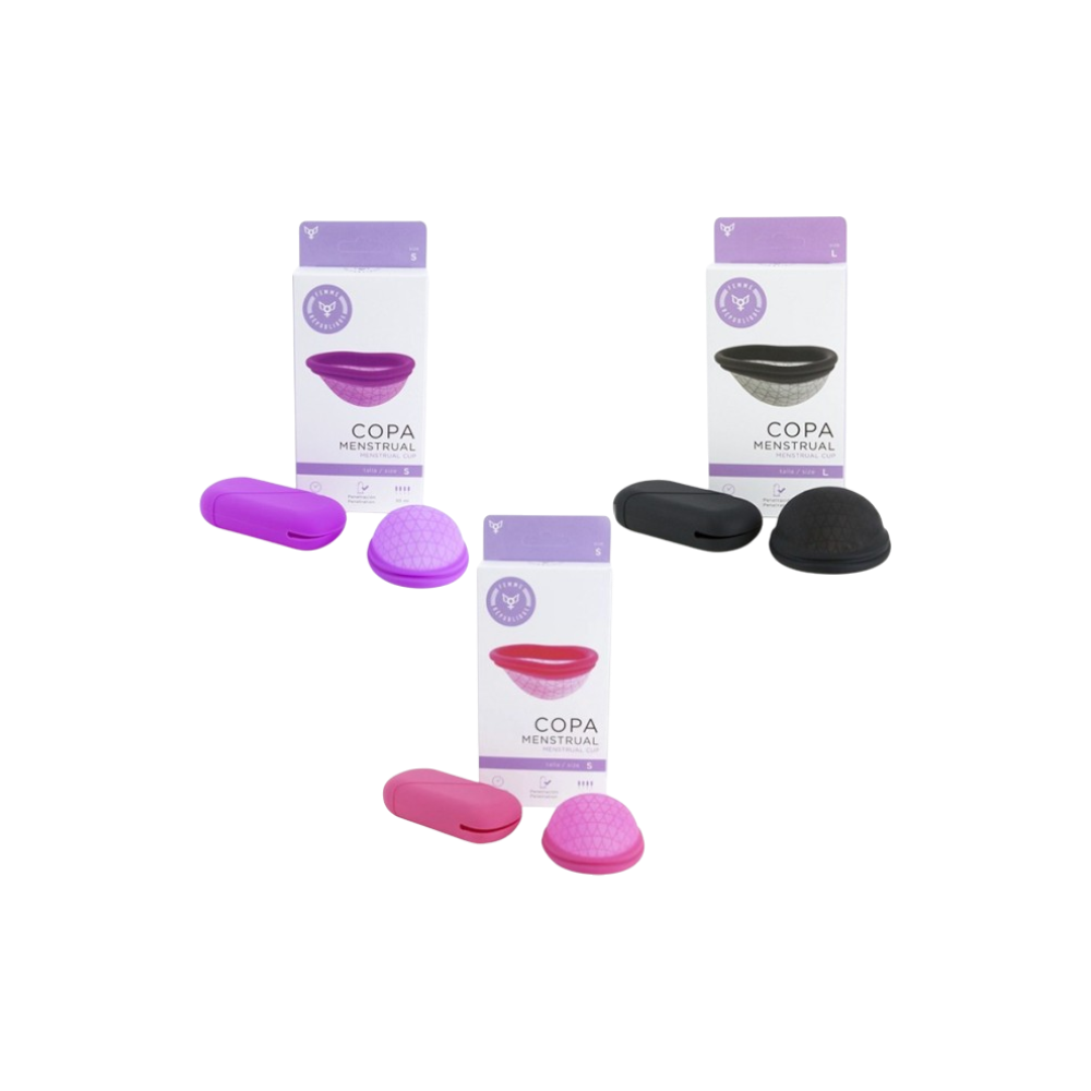 Femme Republique Copa Menstrual Cup in Black, Pink, and Purple with cases
