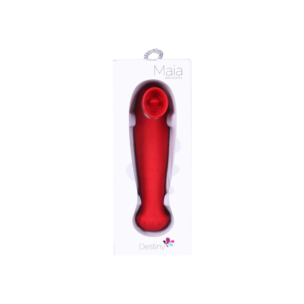 MAIA DESTINY red vibrator and suction wand in box, designed for dual stimulation