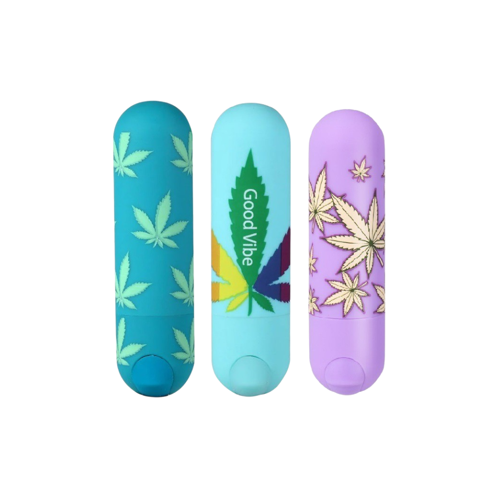 MAIA JESSI 420 Bullet Vibrators in Blue, Green, and Violet with Cannabis Leaf Prints