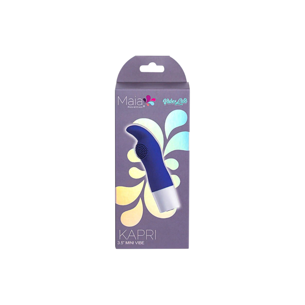 MAIA KAPRI 3.5" Mini Vibrator in blue with textured tip and silver base, displayed in retail packaging