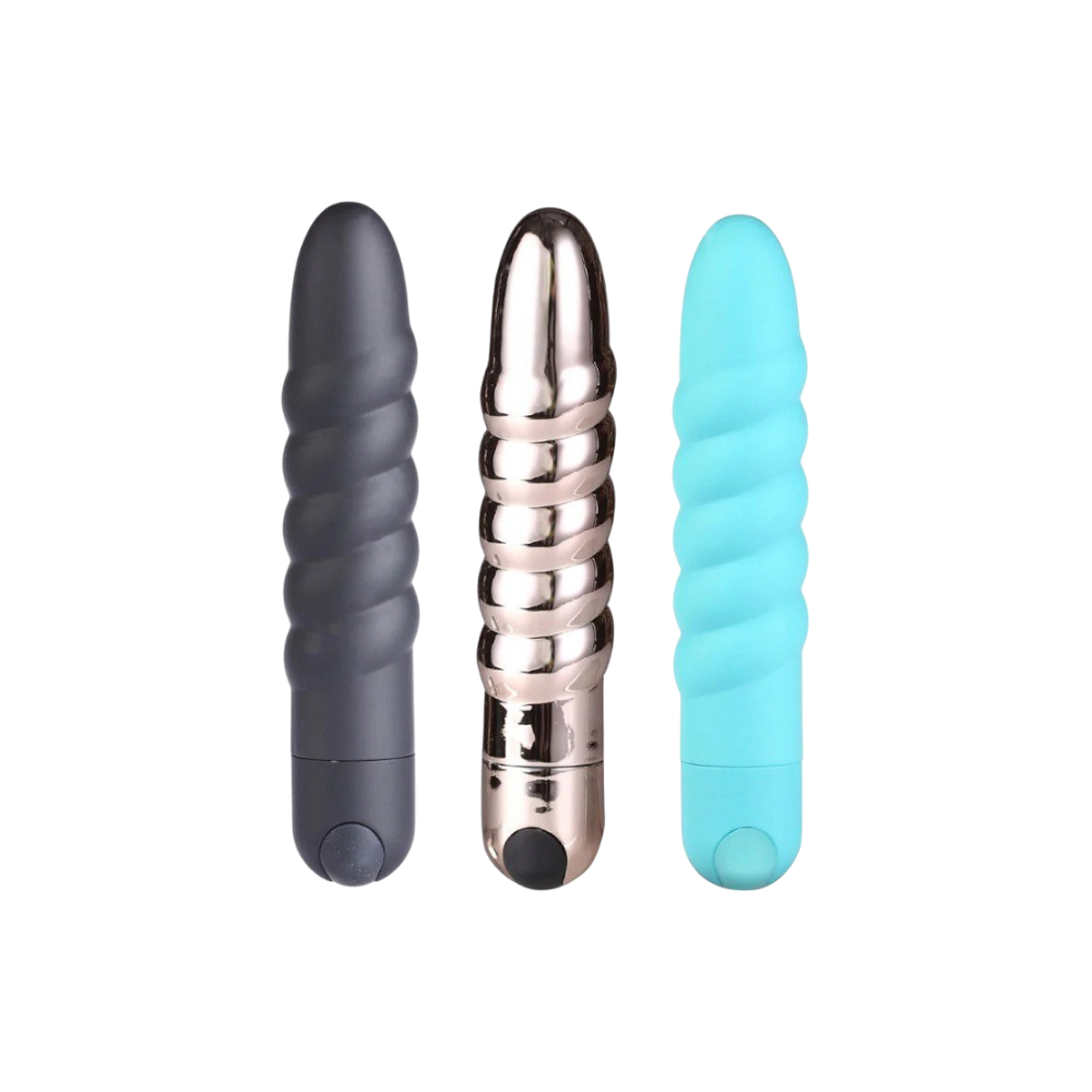 MAIA LOLA Twisty Bullet Vibrator in Black, Rose Gold, and Teal Blue.