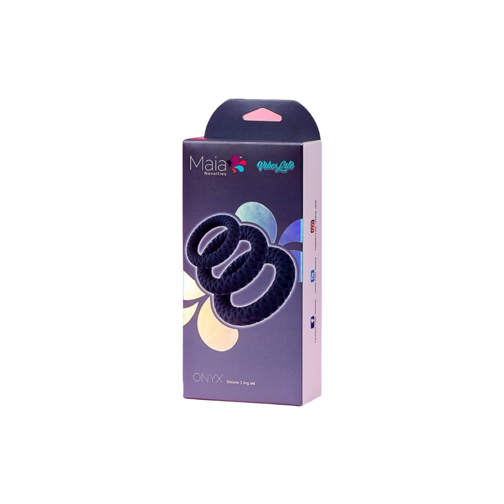 MAIA ONYX Silicone Ring Set - 3 textured black silicone performance rings in packaging