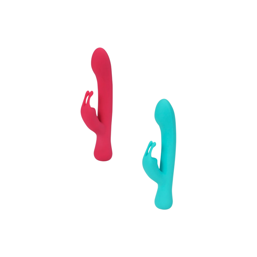 MAIA ZARA rabbit vibrator in red and teal with flexible bunny ears for clitoral and G-spot stimulation