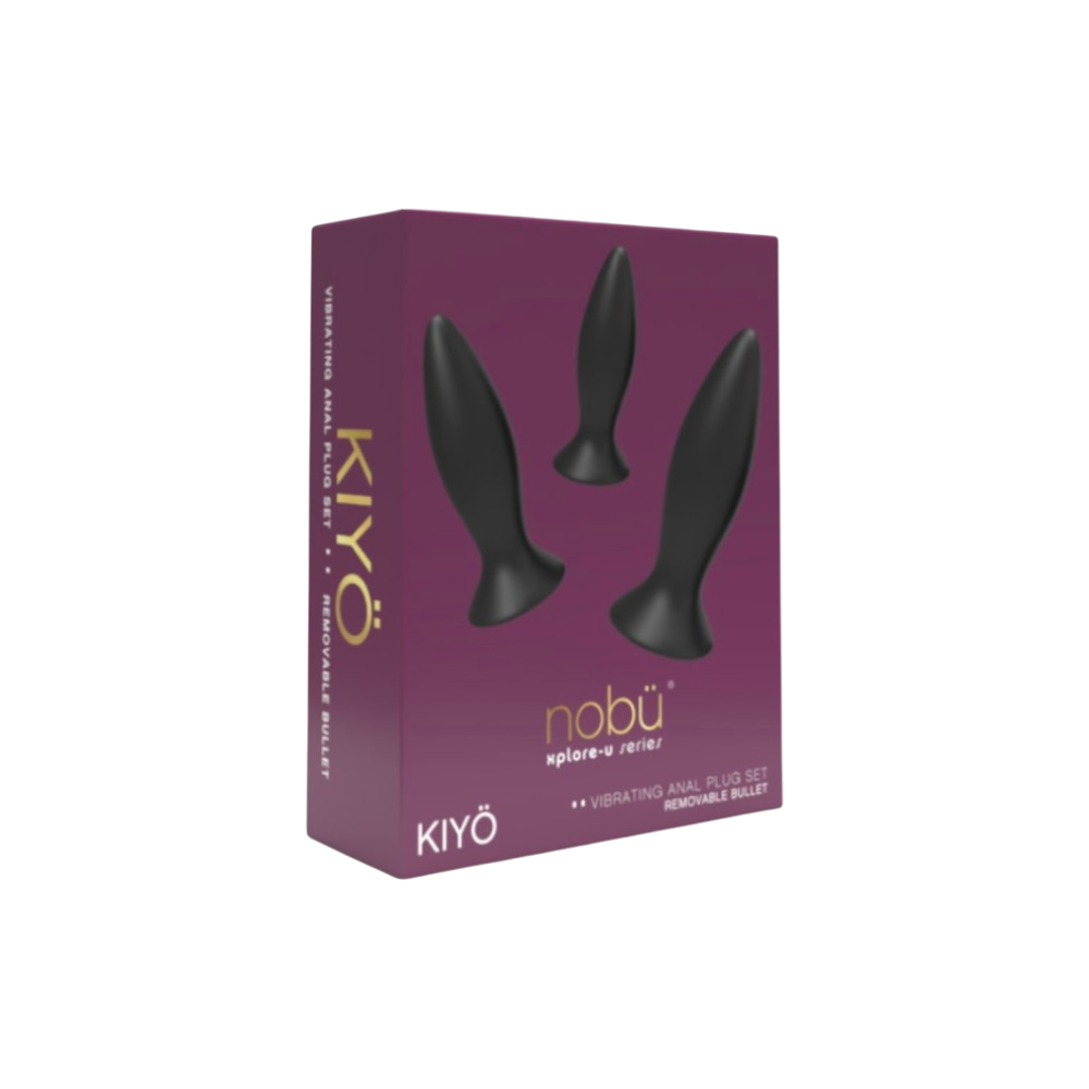 NOBU KIYÖ Vibrating Anal Plug Set – 3 black silicone plugs in varying sizes, displayed in purple packaging with gold branding