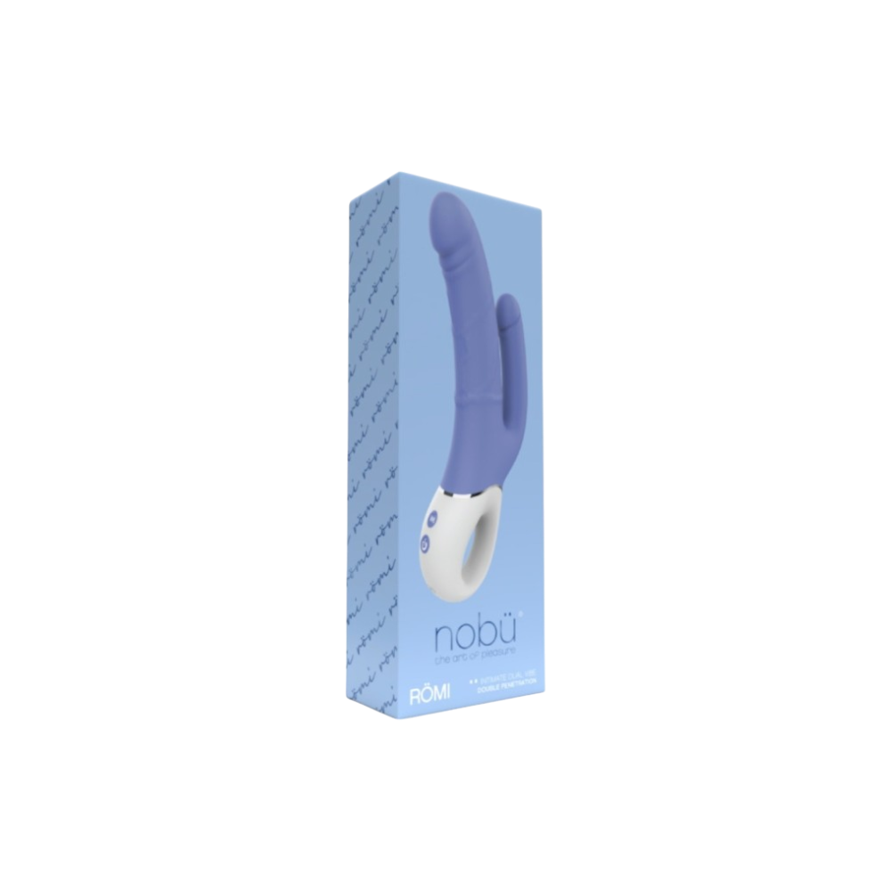 NOBU ROMI dual vibrator in blue with ergonomic handle and double penetration design for internal and external pleasure