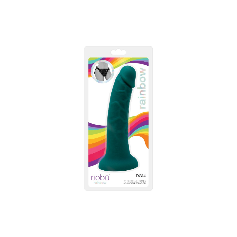 NOBU Rainbow 8-inch silicone dildo with adjustable strap-on harness in colorful packaging.