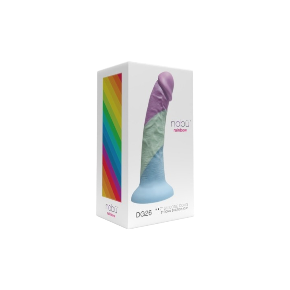 NOBU Rainbow DG26 7-inch silicone dong with a colorful design and strong suction base in retail box packaging