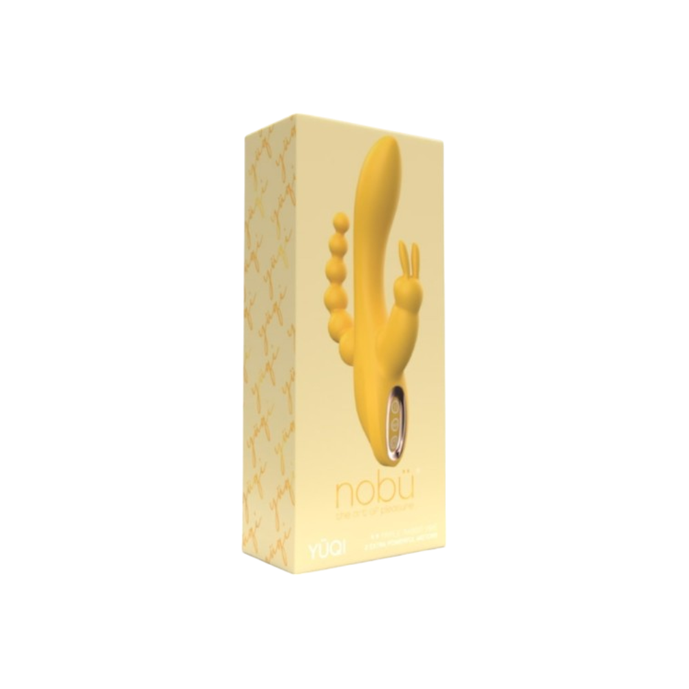 NOBÜ YUQI Triple Rabbit Vibrator in yellow with three stimulation zones shown on packaging