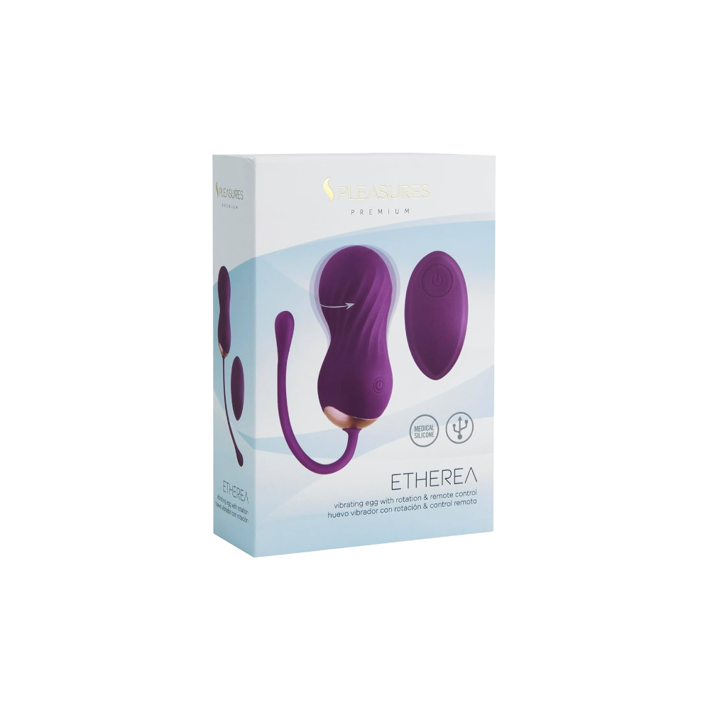 PLEASURES ETHEREA premium vibrating egg with remote control and rotation in purple packaging