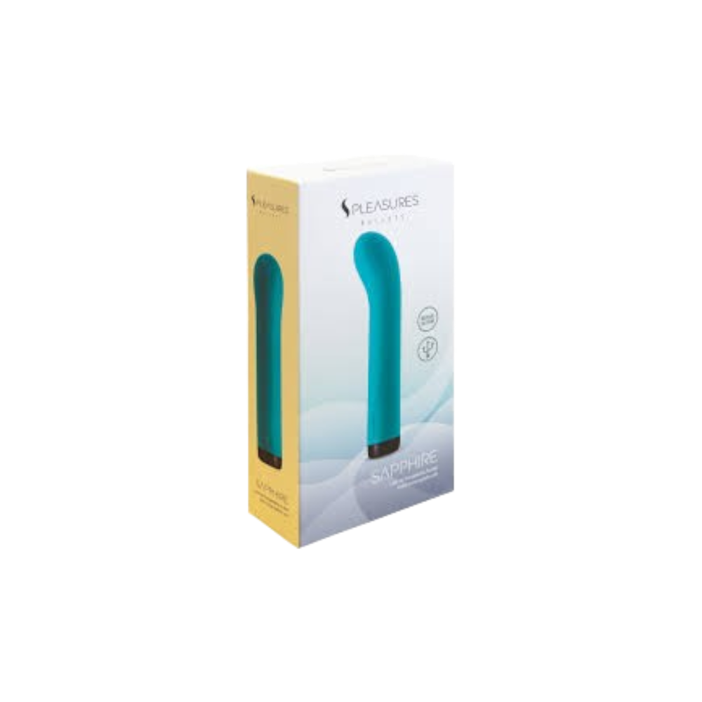 PLEASURES SAPPHIRE bullet vibrator with curved tip in premium packaging