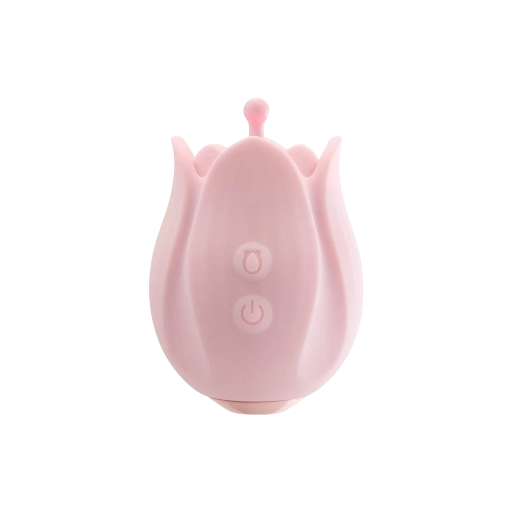Pink rose-shaped clitoral massager with soft silicone petals and power buttons