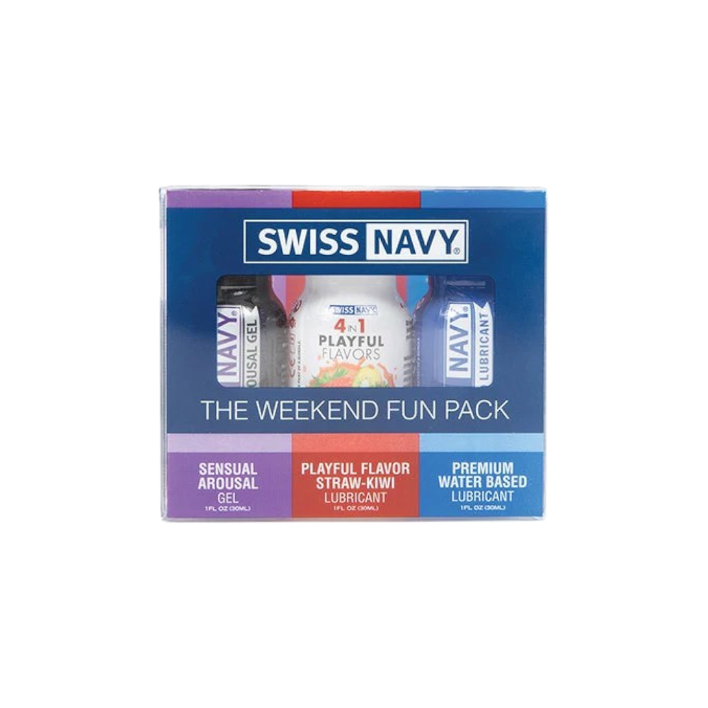 Swiss Navy Weekend Fun Pack with 3 mini lubricants: arousal gel, flavored lube, and water-based lube